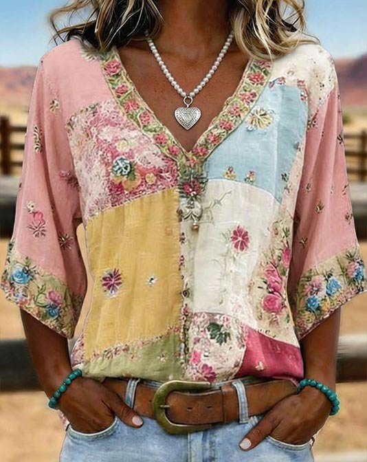 Retro Floral Embroidered V-neck Short Sleeve Cotton Top