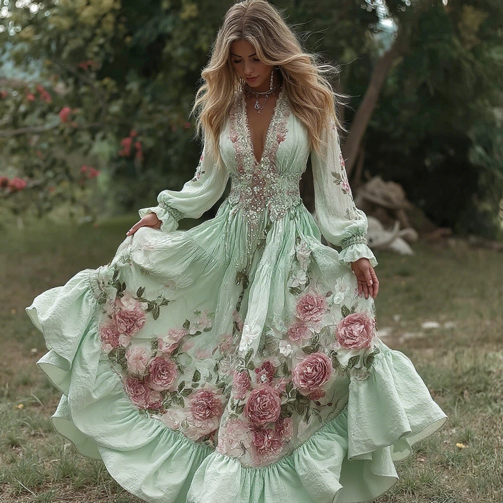 Women's Vintage Roses Embroidery Art V-neck Long Sleeves Maxi Dress