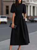 High Neck Puff Sleeve Gathered Waist Midi Dress