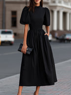 High Neck Puff Sleeve Gathered Waist Midi Dress