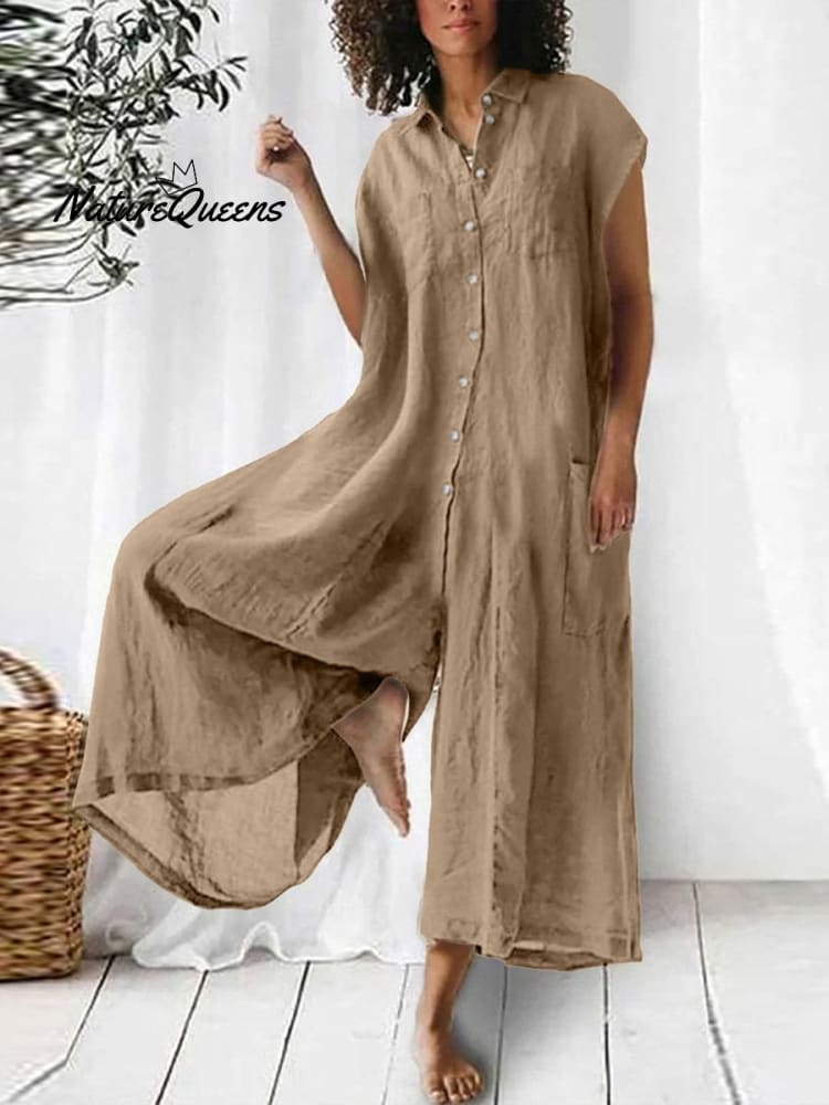 Women's Cotton And Linen Solid Color Short Sleeve Jumpsuit