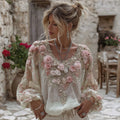 Women's Vintage Pink Rose Embroidery Art Round Neck Linen Blend T-shirt