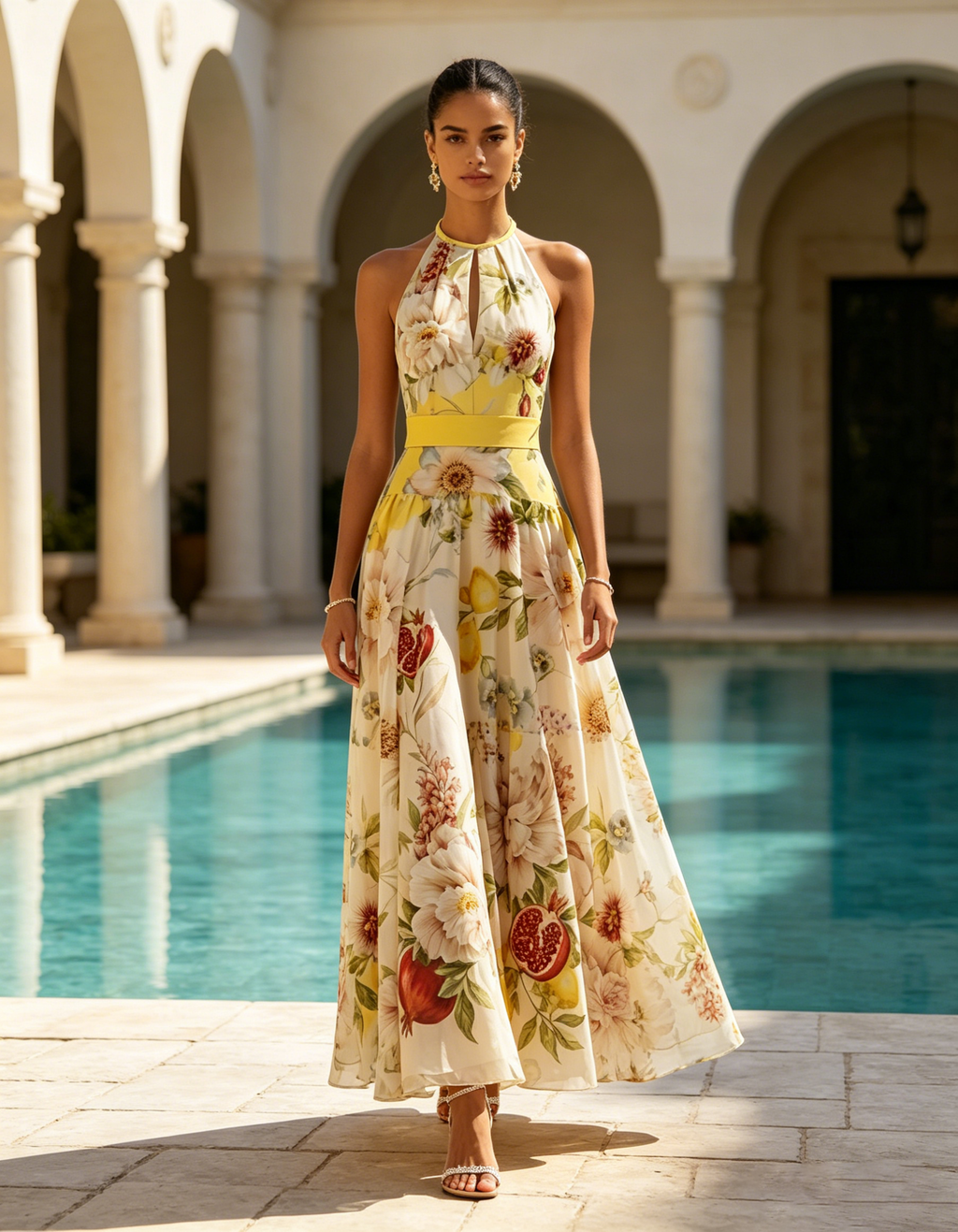 Yellow Floral Chiffon Halter Neck Sleeveless A-Line Maxi Dress