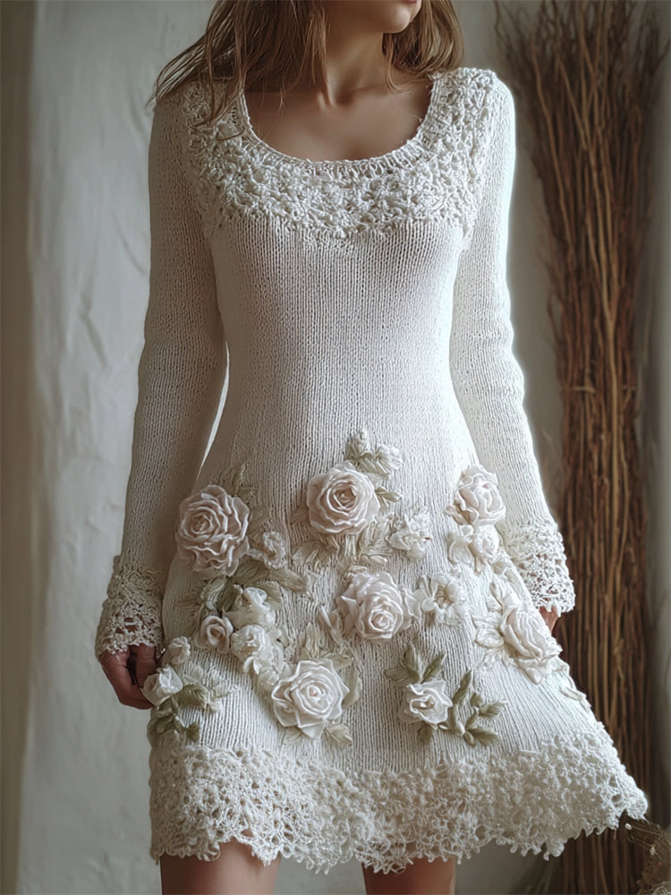 Vintage White Roses Embroidered Lace Cozy Sweater Dress