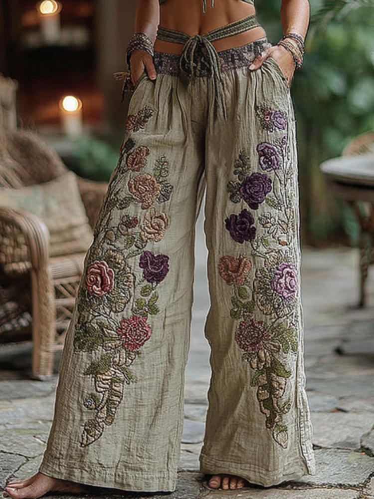 Classy Purple Lavender And Floral Embroidered Art Linen Pants