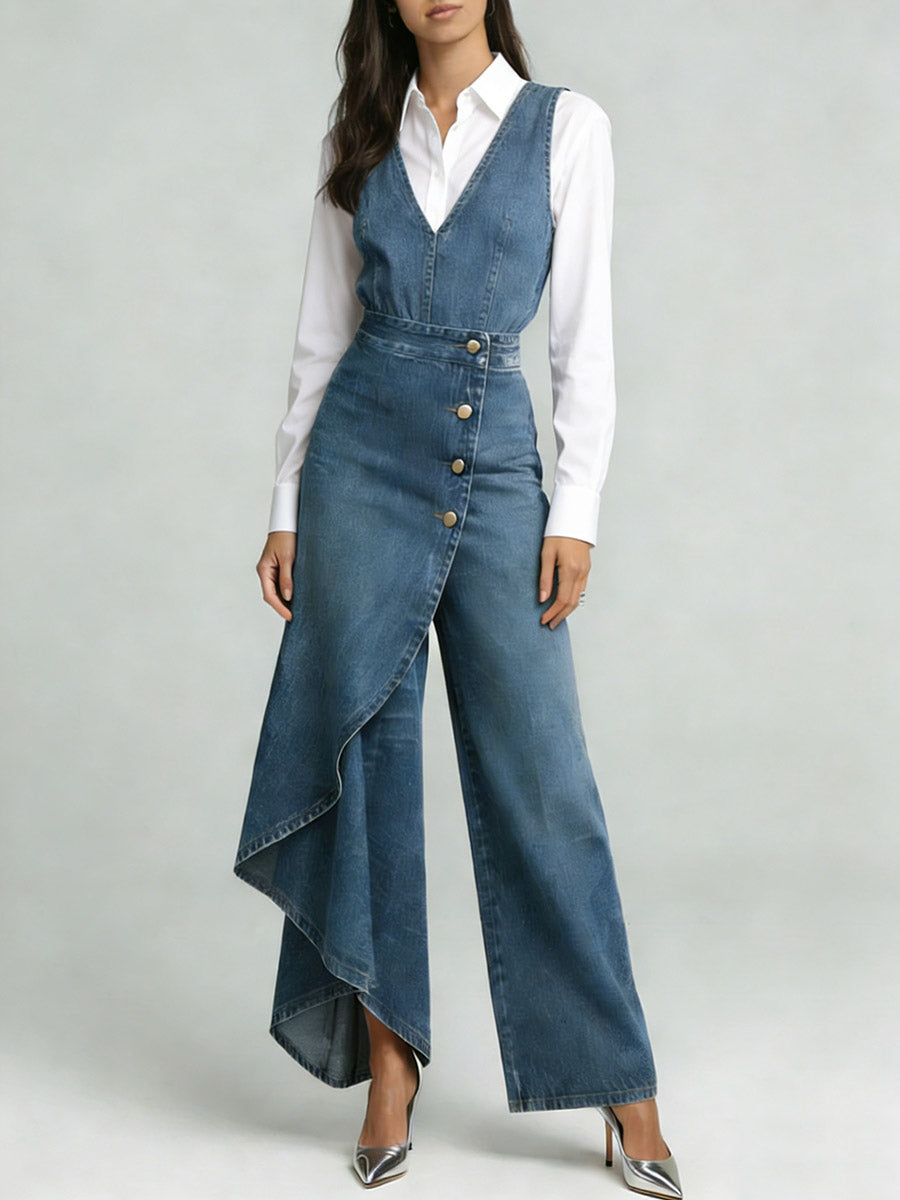 Women's V-neck Sleeveless Casual Loose-fitting Denim Wide-leg Jumpsuit