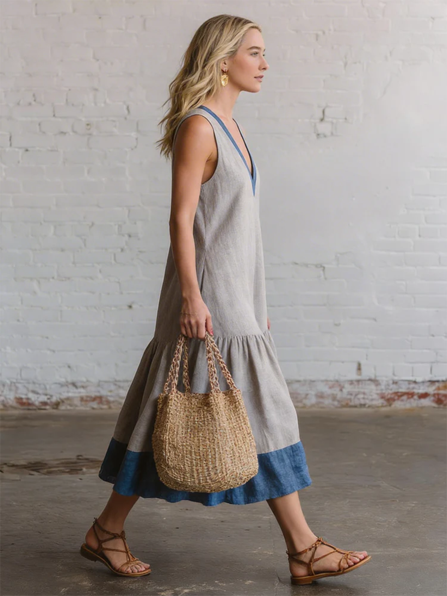 Elegant Color-block V-neck Cotton-linen Dress