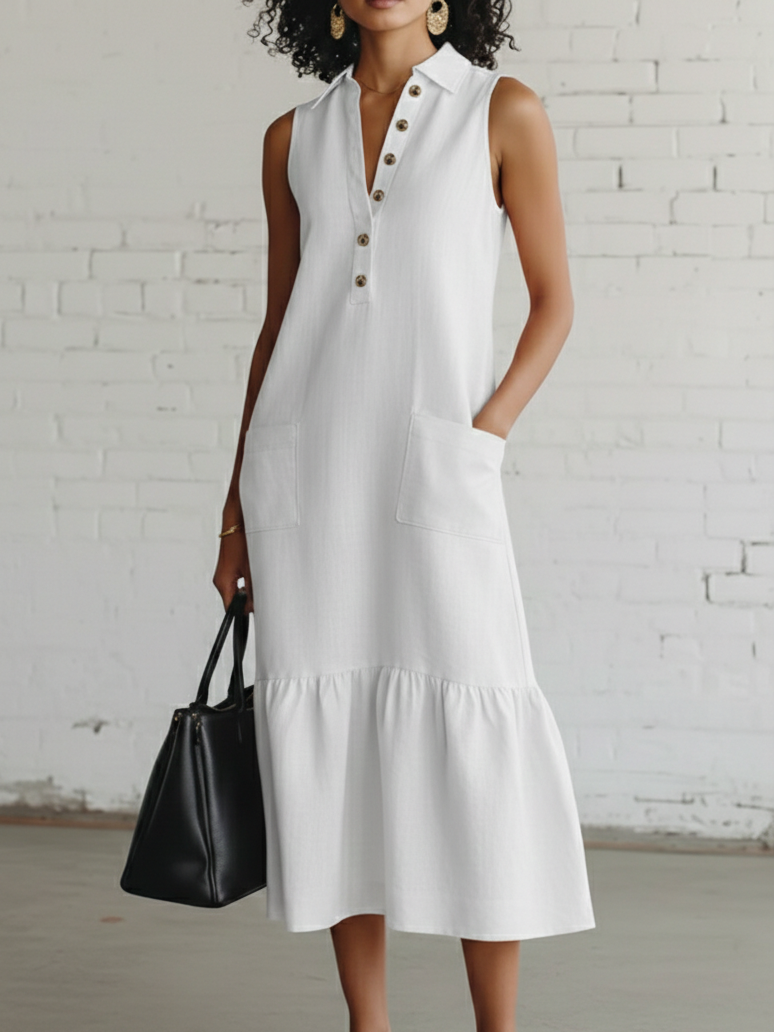 Elegant Cozy Lapel Ruffled Hem Linen-cotton Dress