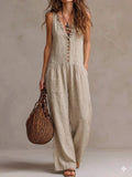 Women's V-neck Ruffled Casual Cotton-linen Jumpsuit