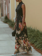 French Elegant Chiffon Floral Print Maxi Dress With Belt