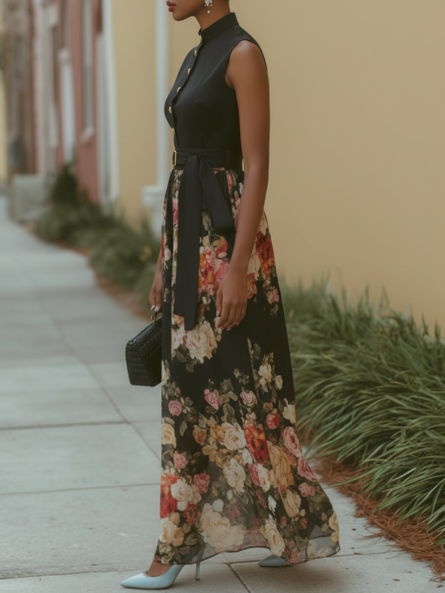 French Elegant Chiffon Floral Print Maxi Dress With Belt
