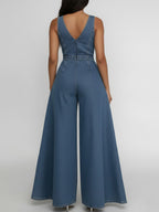 Women's Round Neck Sleeveless Casual Loose Wide-leg Denim Jumpsuit