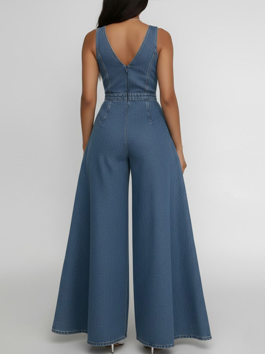 Women's Round Neck Sleeveless Casual Loose Wide-leg Denim Jumpsuit