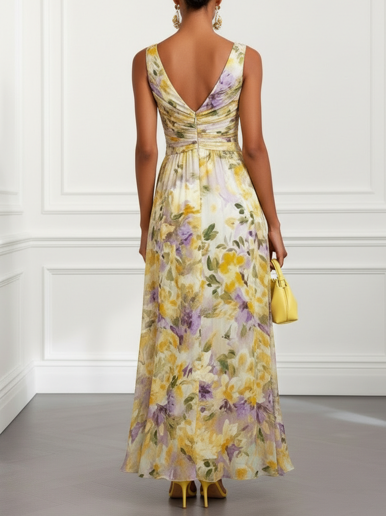 Yellow Floral Ruched Chiffon Boat Neck Sleeveless A-Line Maxi Dress