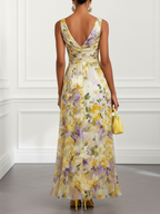 Yellow Floral Ruched Chiffon Boat Neck Sleeveless A-Line Maxi Dress
