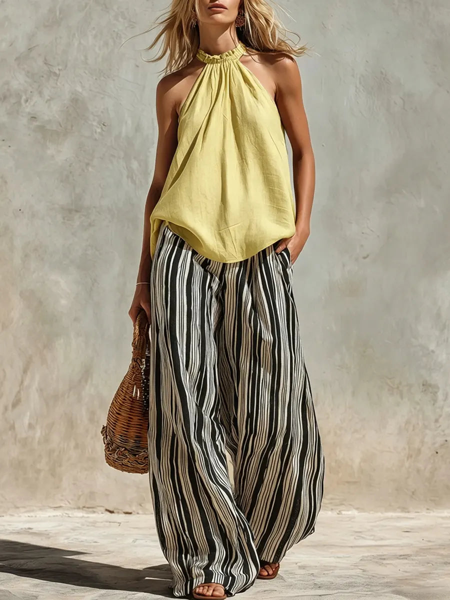 Women's Casual Halter Top And Striped Pants Set