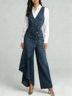 Women's V-neck Sleeveless Casual Loose-fitting Denim Wide-leg Jumpsuit