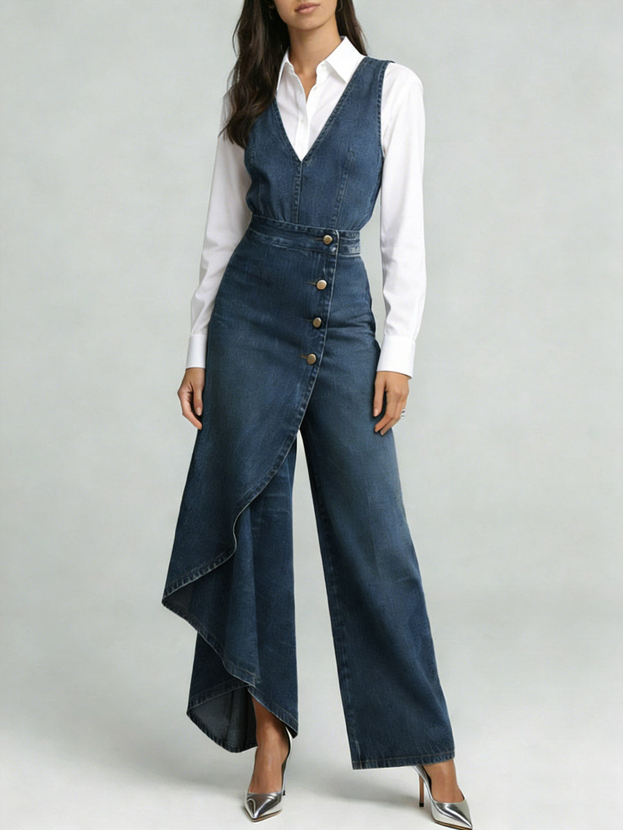 Women's V-neck Sleeveless Casual Loose-fitting Denim Wide-leg Jumpsuit
