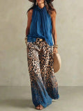Women's Retro Sleeveless Stylish Casual Top And Leopard Art Pants Suits