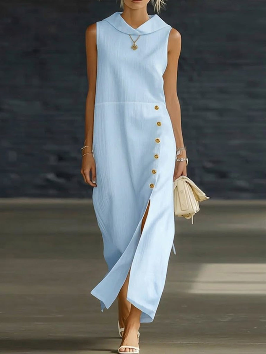 Women's Solid-color Lapel Sleeveless Casual Loose Cotton-linen Dress