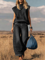 Women's Stand-collar Sleeveless Casual Loose Top And High-waisted Loose Wide-leg Denim Pants Set.