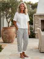 Casual & Cozy Striped Cotton-linen Pants With Side Buttons