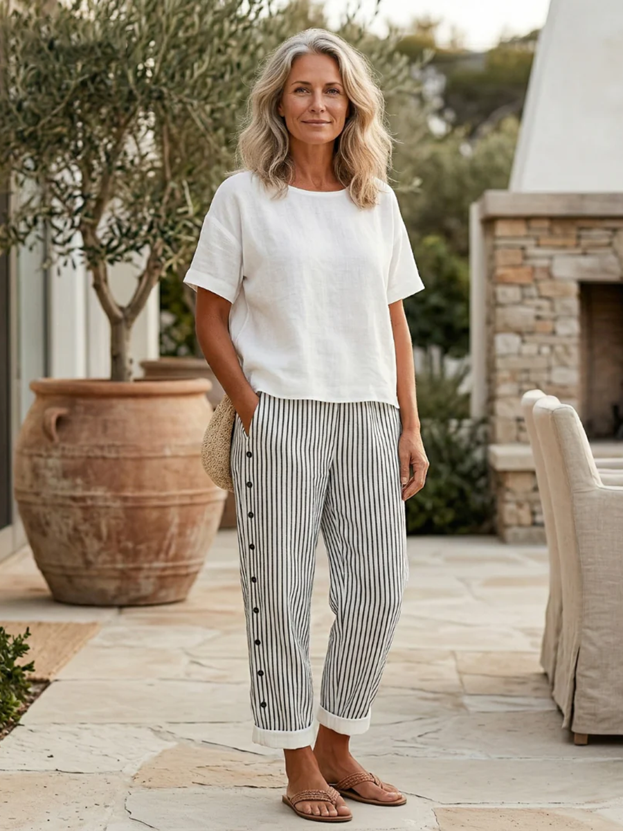 Casual & Cozy Striped Cotton-linen Pants With Side Buttons