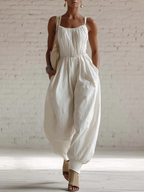 Elegant Vacation-style Spaghetti Straps Linen Jumpsuit