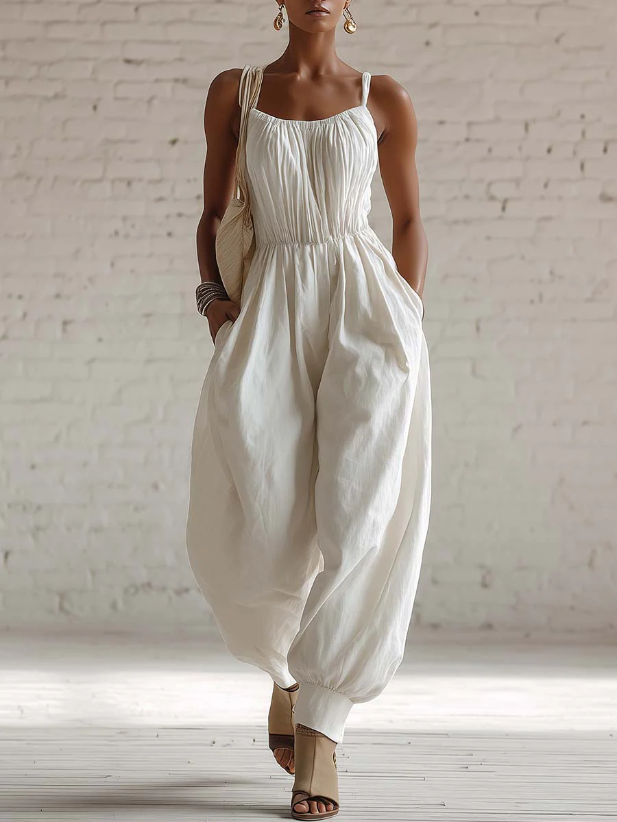 Elegant Vacation-style Spaghetti Straps Linen Jumpsuit