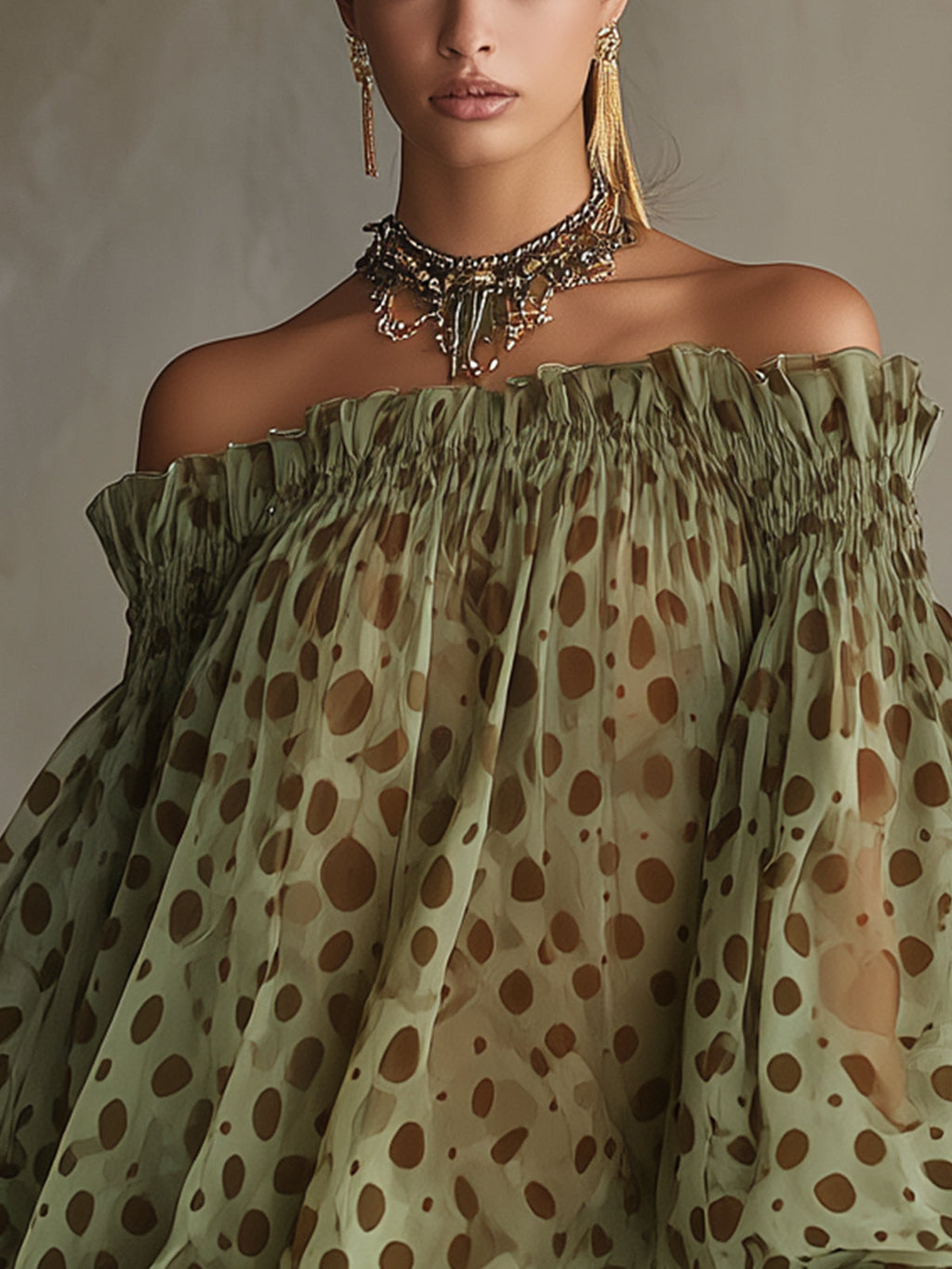 Green Polka Dot Off-Shoulder Chiffon Mini Dress with Lace Hem