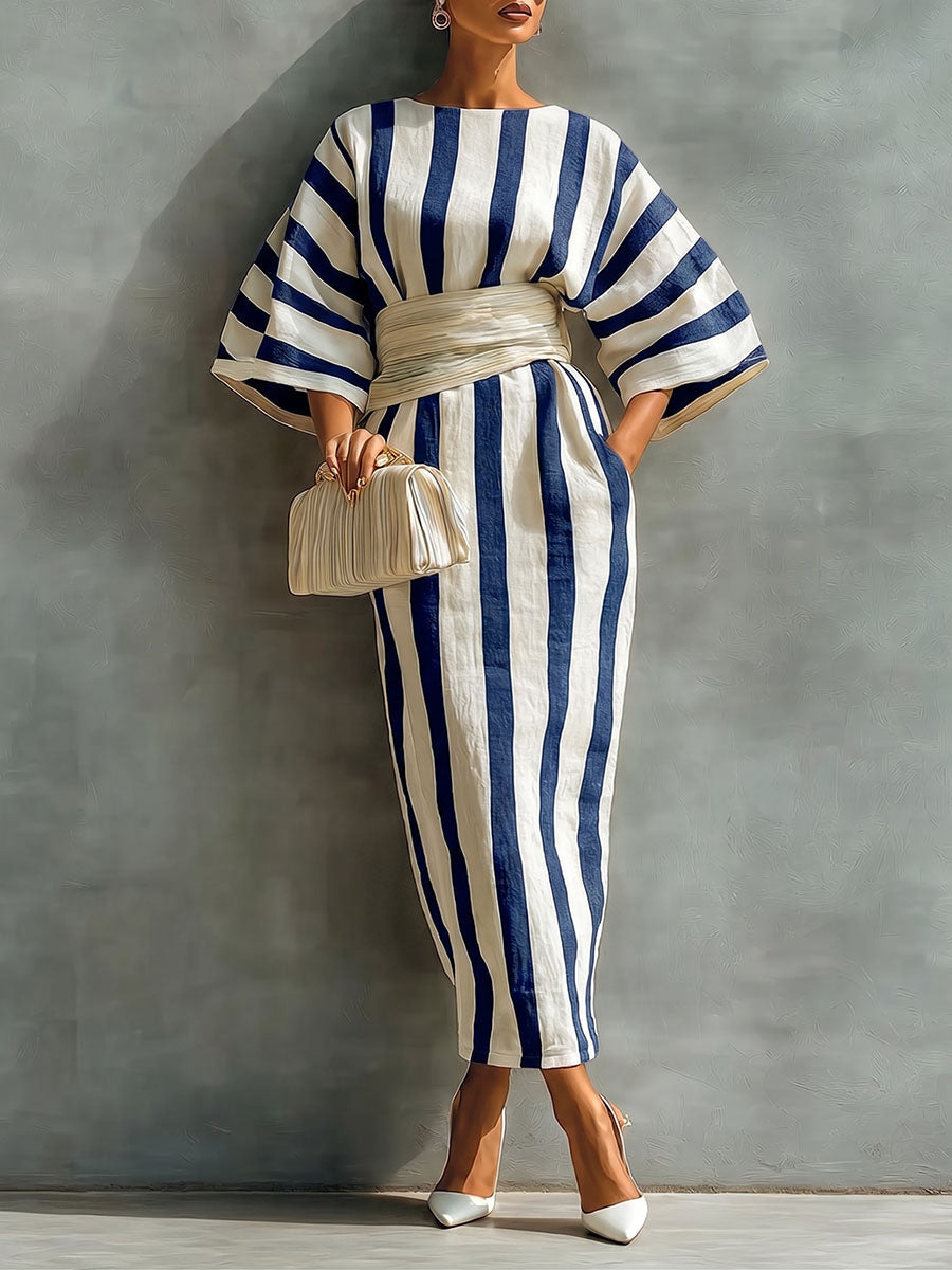 Women's Striped Print Round-neck 3/4-sleeve Casual Loose Cotton-linen Dress (belt Not Included)