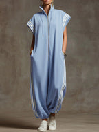 Women's Relaxed Stand-collar Short-sleeved Casual Loose Cotton Wide-leg Jumpsuit