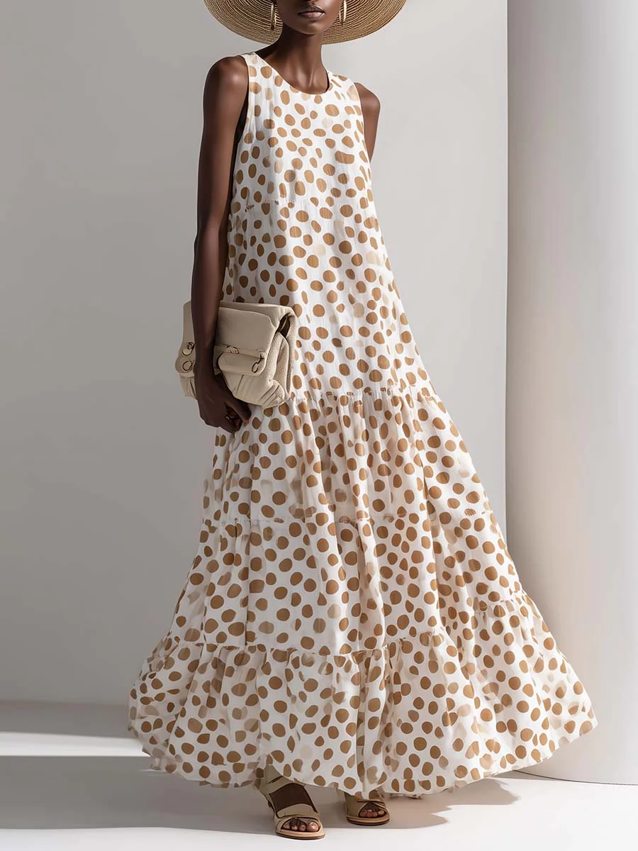 Retro Polka Dot Print Multi-layered Hem Maxi Dress