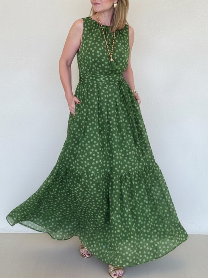 Elegant Polka Dot Print Belted Maxi Dress