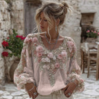Women's Vintage Pink Rose Embroidery Art Round Neck Linen Blend T-shirt