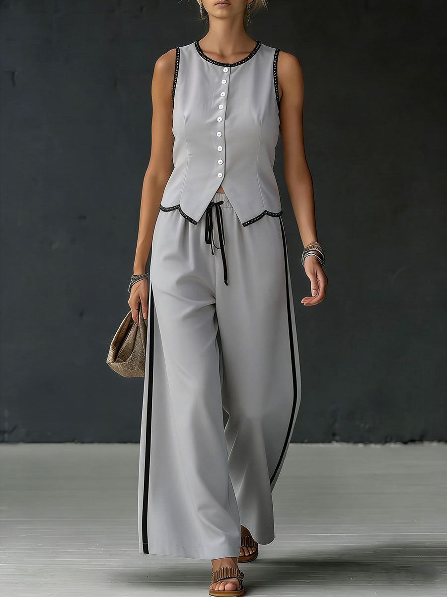 Women's Color-blocked Sleeveless Single-breasted Vest And Drawstring Trousers Set