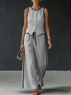 Women's Color-blocked Sleeveless Single-breasted Vest And Drawstring Trousers Set