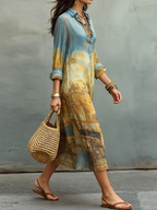 Baroque Blue And Yellow Gradient Printed Chiffon Midi Dress
