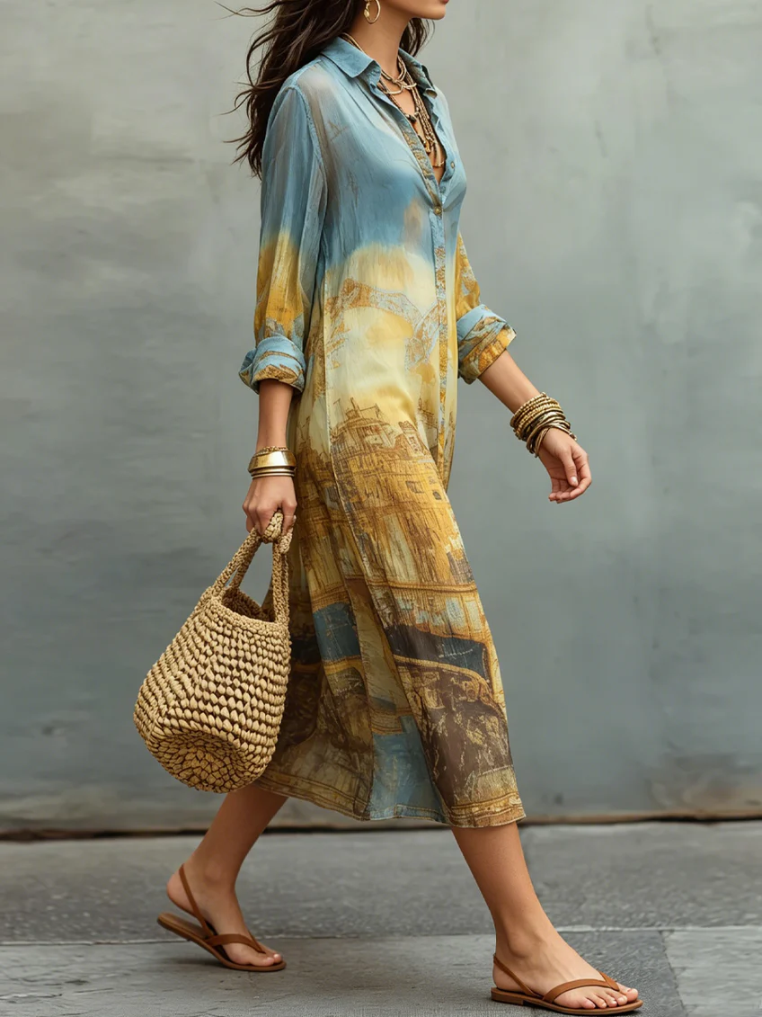 Baroque Blue And Yellow Gradient Printed Chiffon Midi Dress