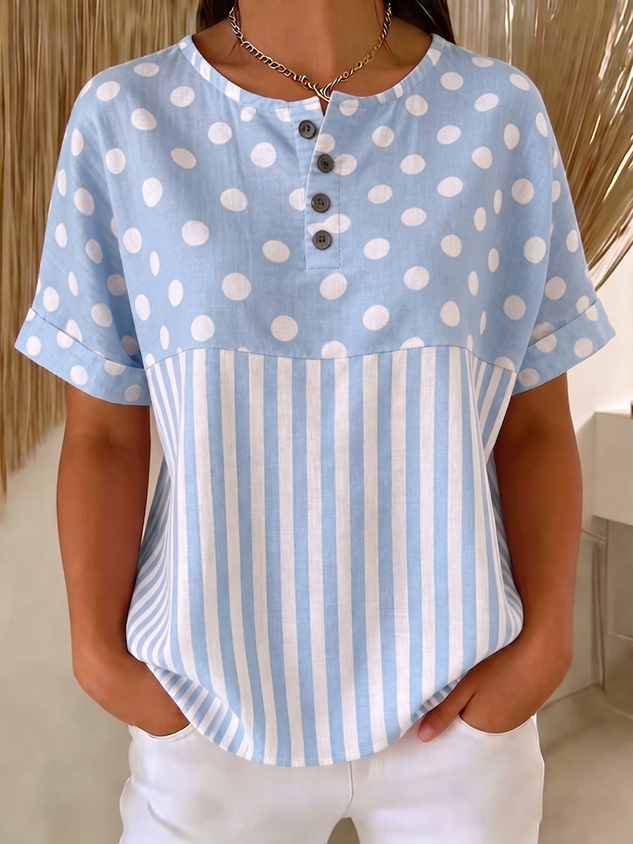 Artistic Polka Dot & Stripe Cotton-linen Blouse