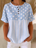 Artistic Polka Dot & Stripe Cotton-linen Blouse