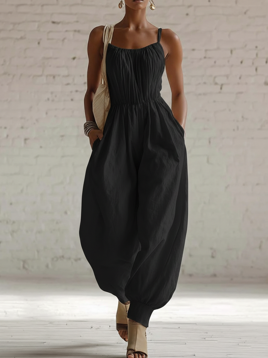 Elegant Vacation-style Spaghetti Straps Linen Jumpsuit