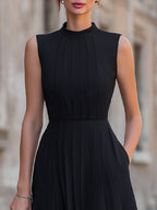 Pleated High-Neck Sleeveless Midi Dress