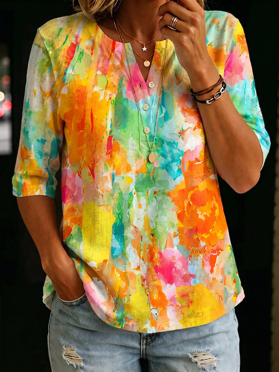 Artistic Watercolor Palette Print Elbow-length Sleeves Cotton T-shirt