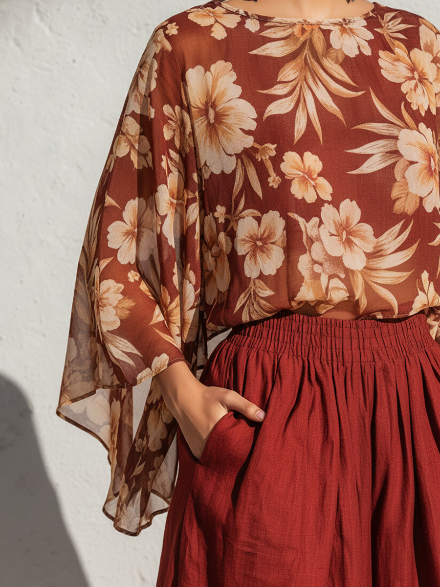 Elegant Chiffon Printed Top And Wide-Leg Pants Set