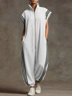 Women's Stand-collar Short-sleeved Casual Loose Cotton And Linen Wide-leg Jumpsuit
