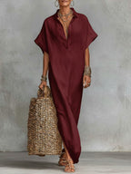 Women's Solid Color Collared Short-sleeved Casual Loose Linen Dress