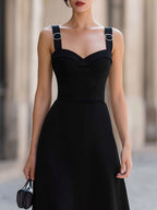 Sweetheart Neck Adjustable Buckle Strap Flared A-Line Midi Dress