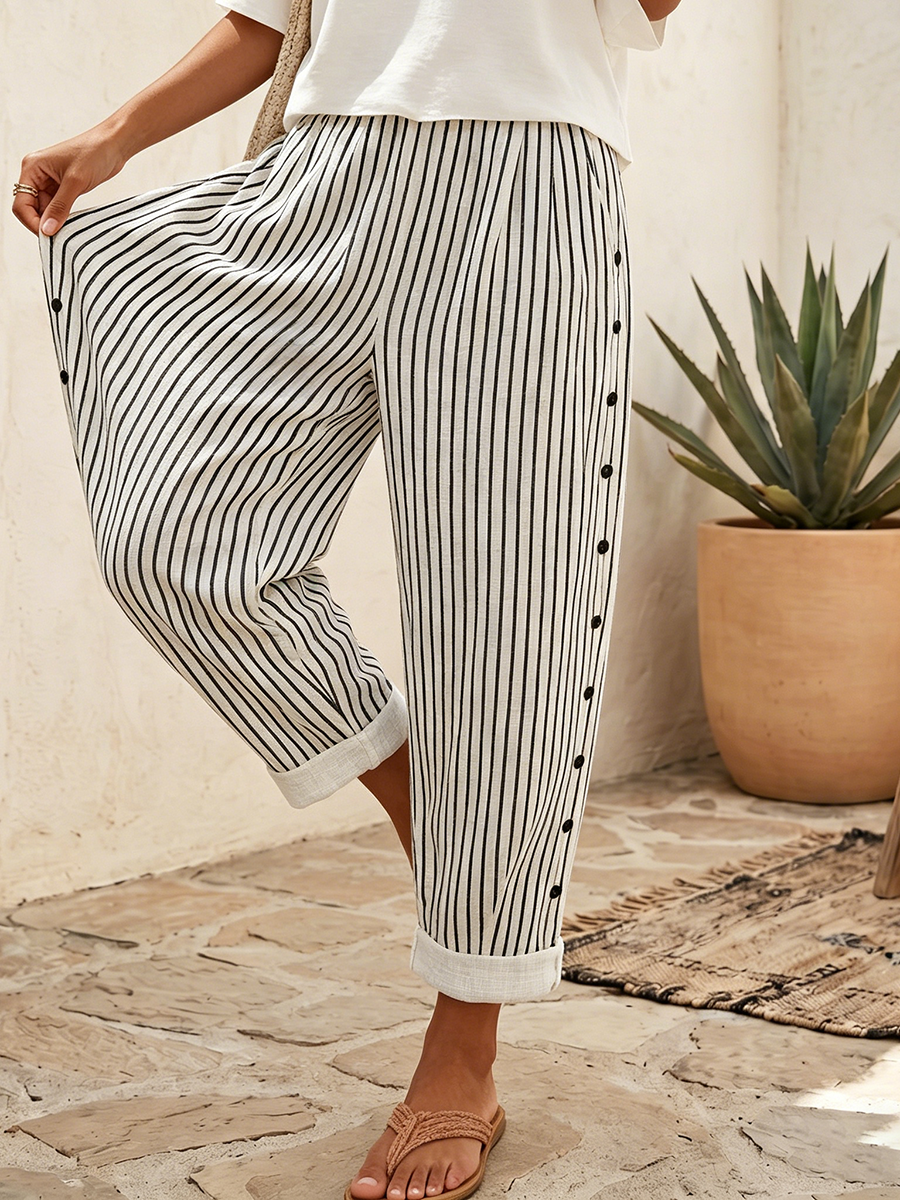 Casual & Cozy Striped Cotton-linen Pants With Side Buttons