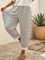 Casual & Cozy Striped Cotton-linen Pants With Side Buttons